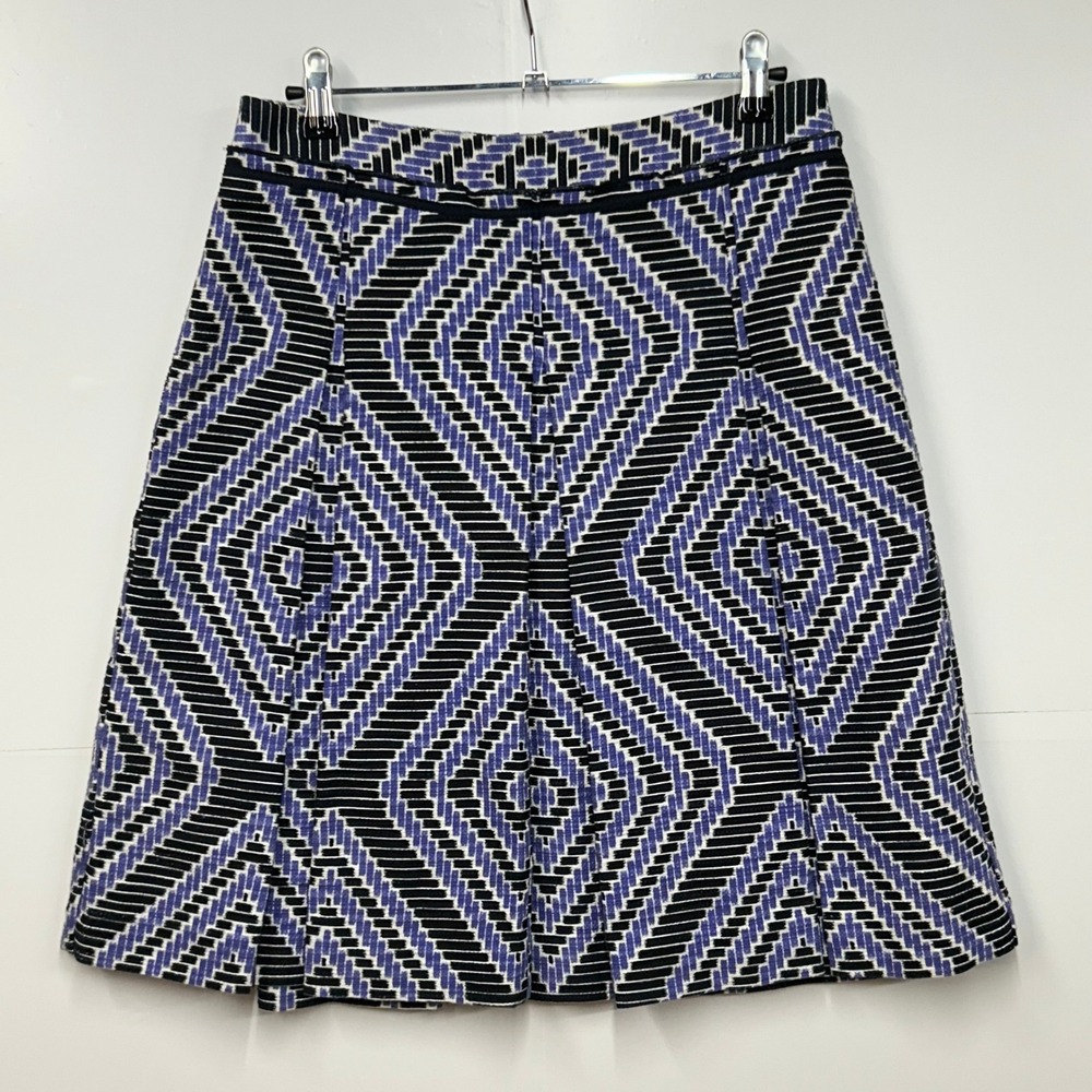 Tory Burch Purple Black Geometric Diamond Cotton‎ pleated Linen A-Line Skirt 4